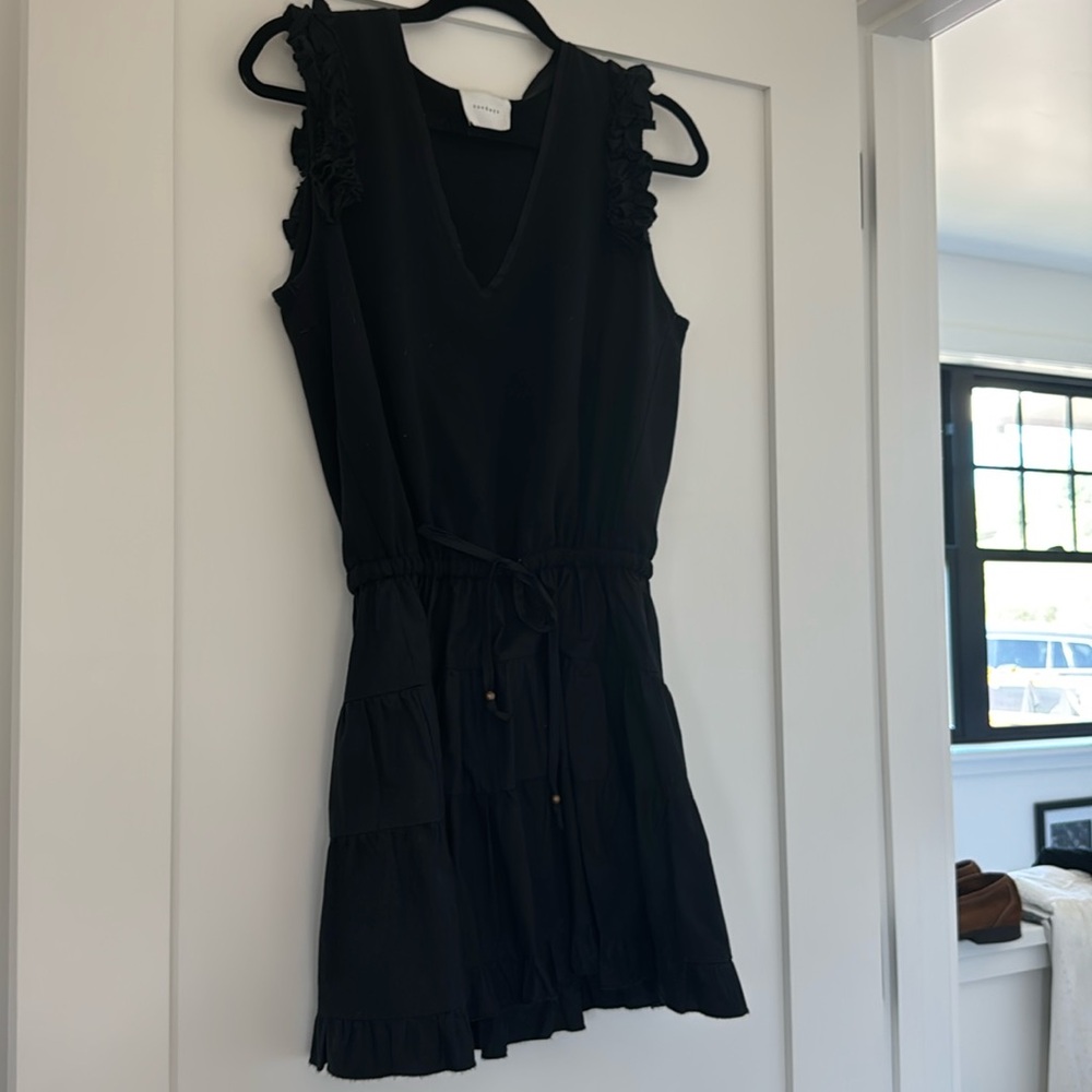 Sundays black mini dress. Tie waist. Super flattering